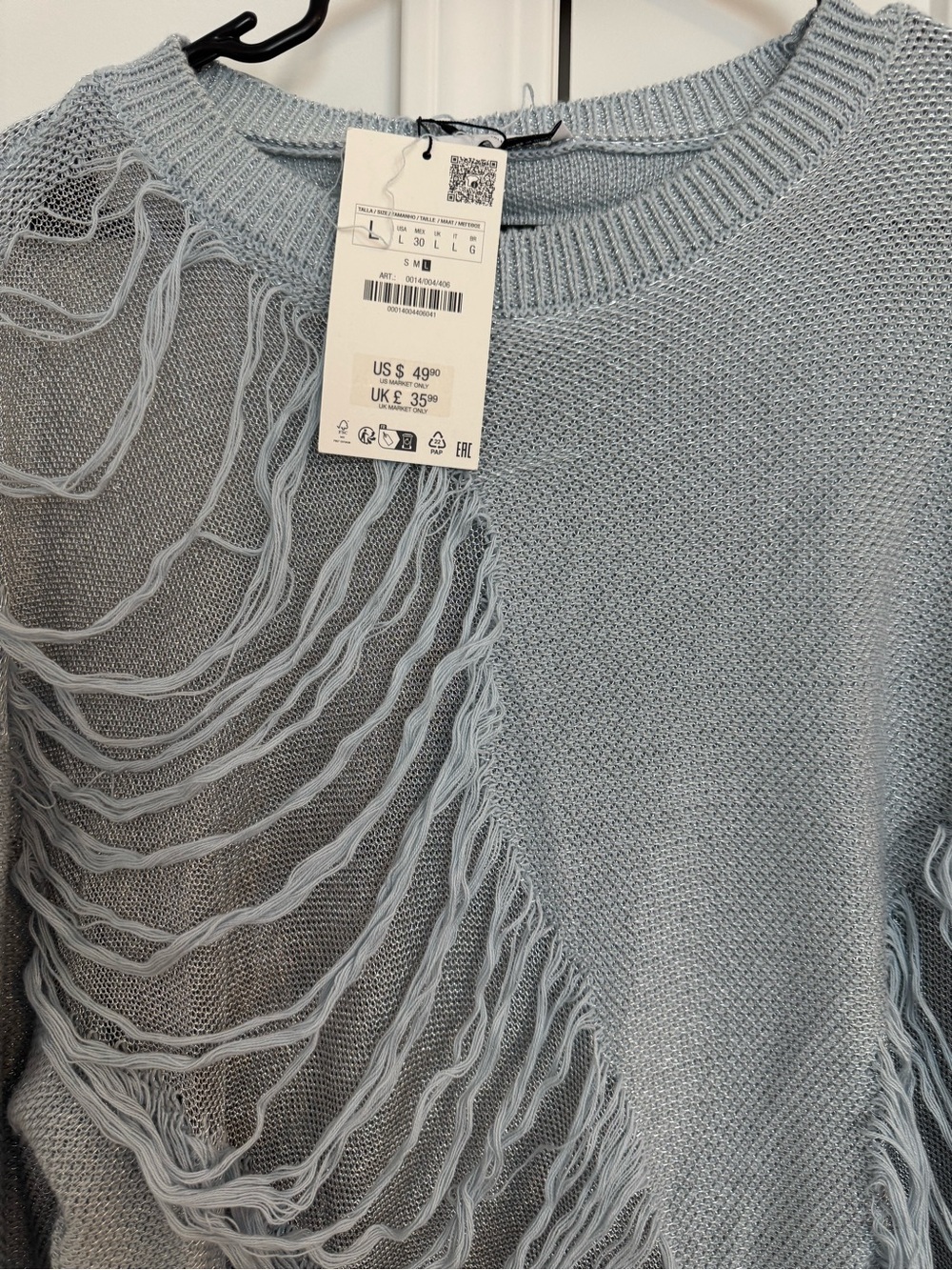 Zara Light Blue Fringe Crew Neck Sweater
